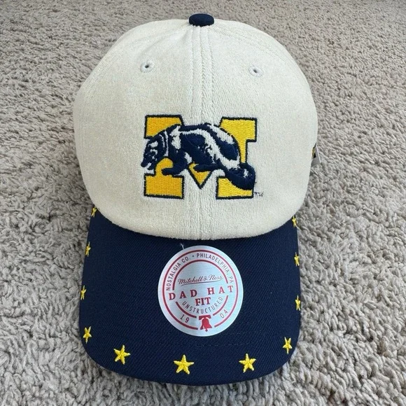 Michigan Wolverines Dune Hat Mitchell & Ness Adjustable Stone Navy‎ Dad Fit Cap - Picture 3 of 9